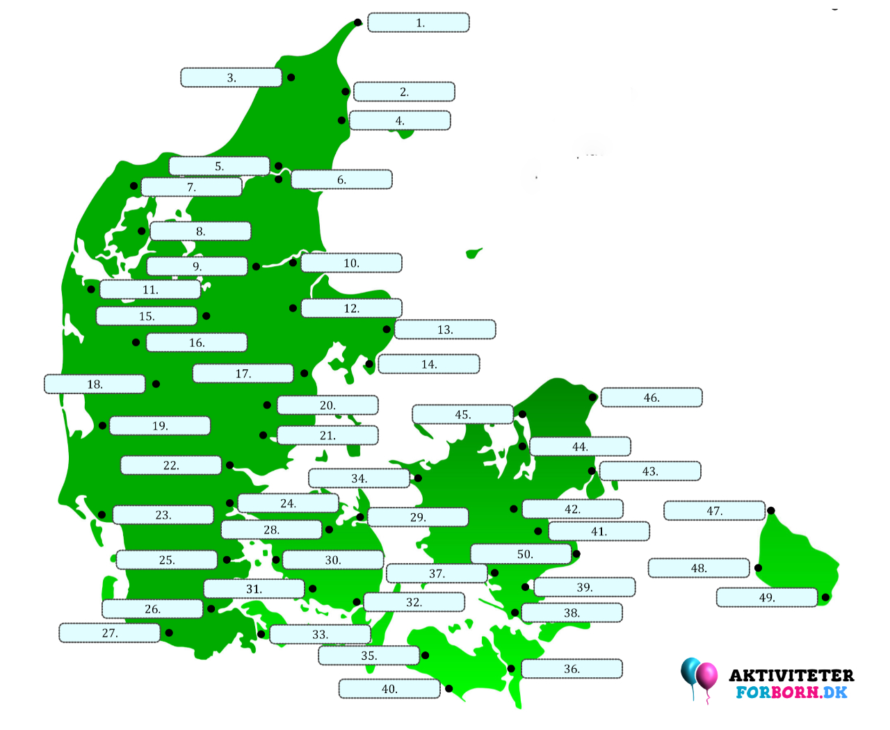 Danmarkskort med 50 danske byer