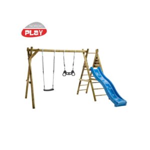 NORDIC PLAY Gyngestativ 240 cm med platform m/1 sort gynge og 1 sort trapez inkl. blå rutsjebane - 805-628