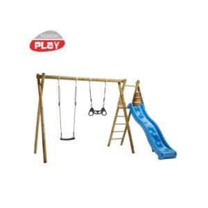 NORDIC PLAY Gyngestativ 265 cm med platform m/1 sort gynge og 1 sort trapez inkl. blå rutsjebane - 805-625